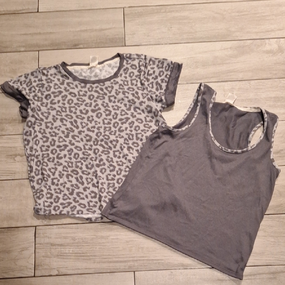 🍁lucky Brand Gray Leopard Print Pajama Tee Set🐬